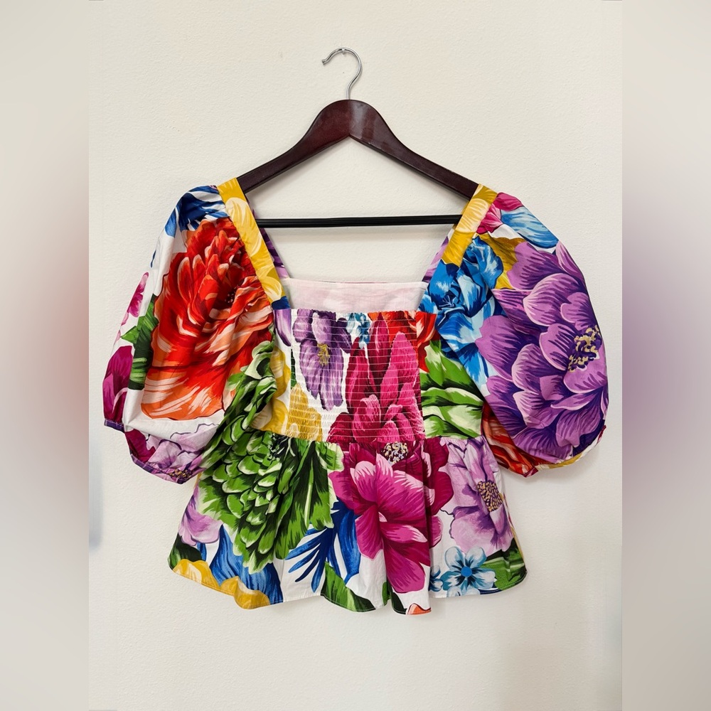 FARM Rio Rainbow Chita Floral Blouse Square Neck Puff Sleeve Boho Top | Size XS - Picture 2 of 12